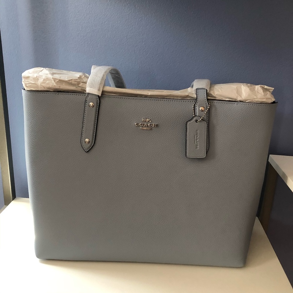 Coach pebbled leather central tote Silver/Mist